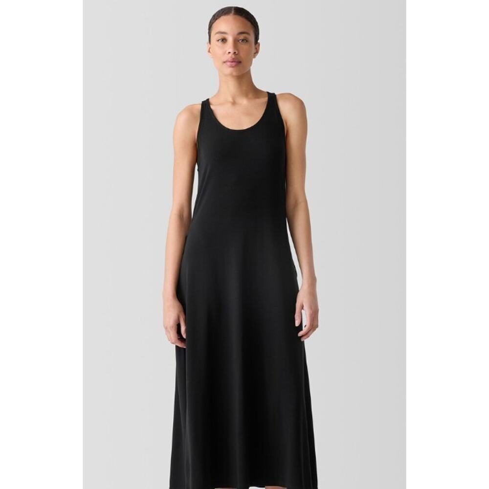 Eileen Fisher S Midi Dress Black Scoop Sleeveless Stretch Knit Mesh Hem Relaxed